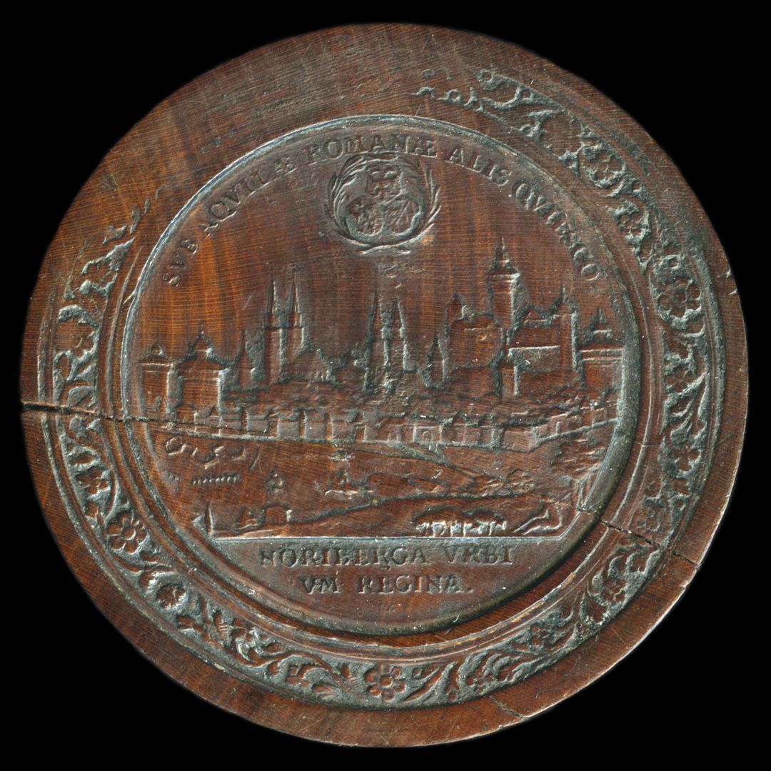 Spielstein mit Nürnberg Stadtansicht von Osten und Friedensallegorie