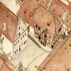 Isometrischer Riss des Deutschen Hauses zu Nürnberg aus der Vogelschau, von Südwest ausgesehen