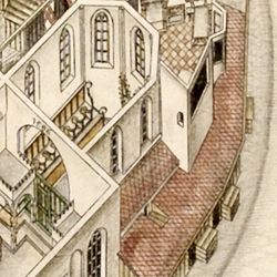 Isometrische Darstellung des Deutschen Hauses zu Nürnberg aus der Vogelschau mit Einblick in die obersten Geschosse